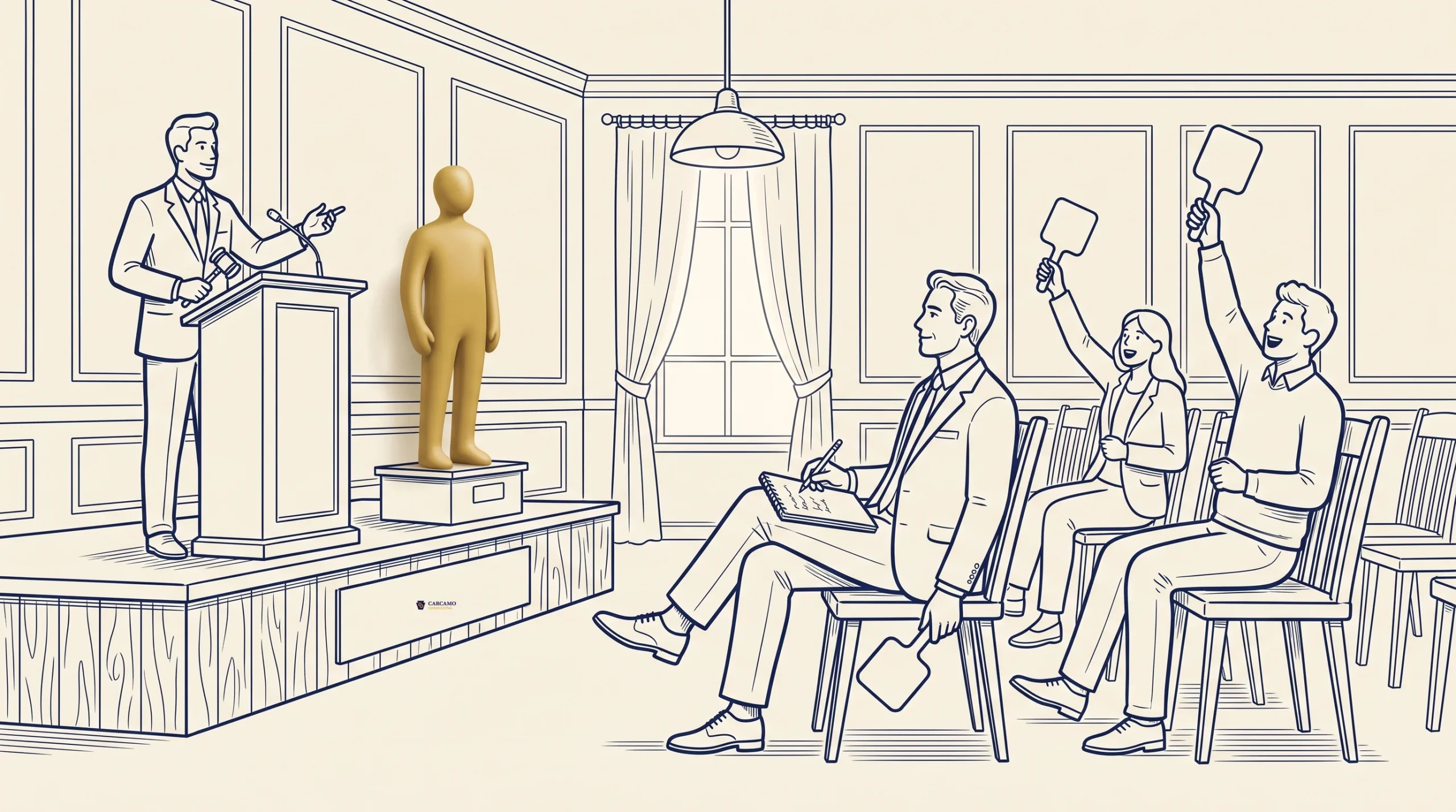A person stands at a podium next to a golden statue while three seated individuals in an audience hold paddles, with two raising them to bid. The setting appears to be an auction room.
