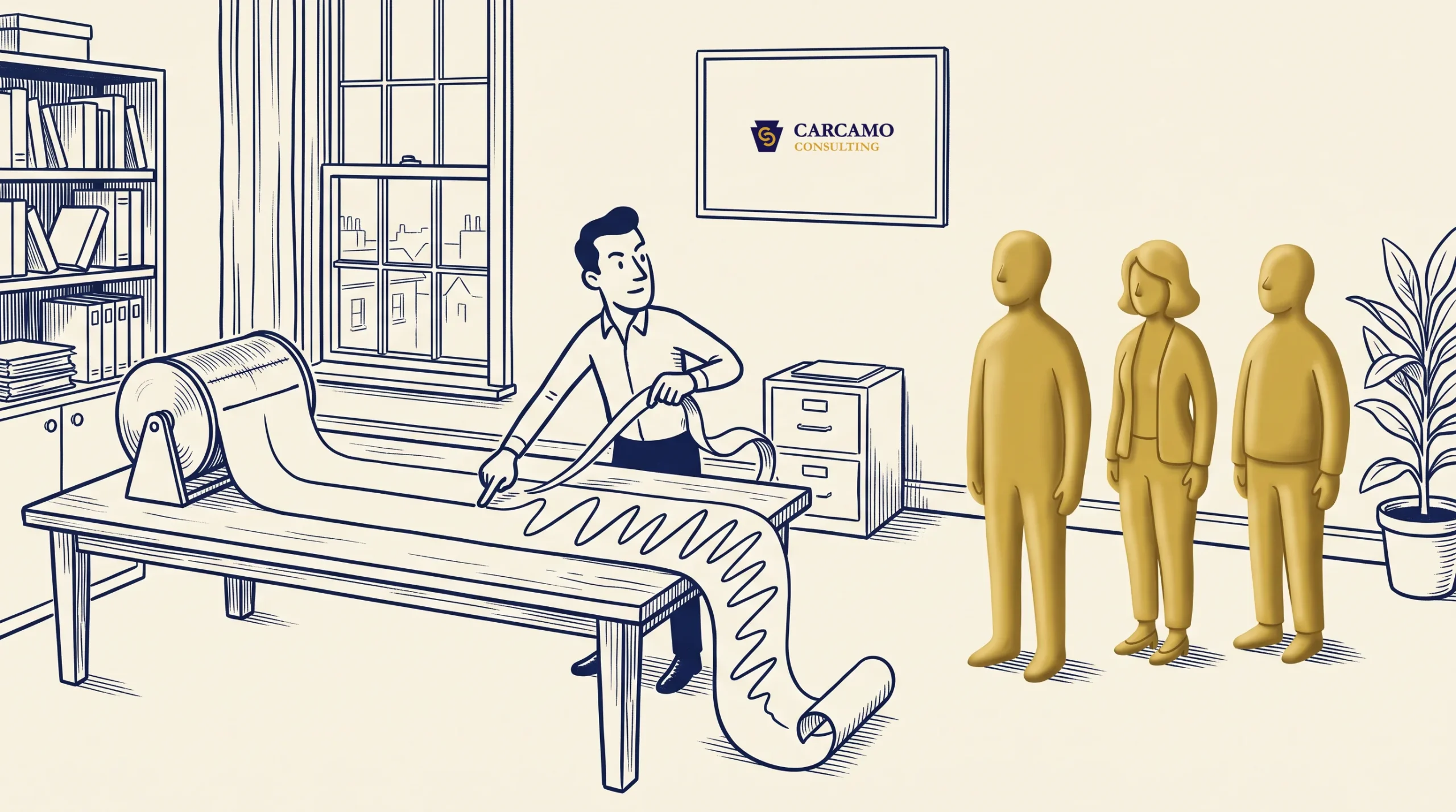 An illustrated man unrolls a long, wavy sheet of paper on a table while three gold-colored figures stand nearby in an office with bookshelves, a plant, and a Carcamo Consulting sign.
