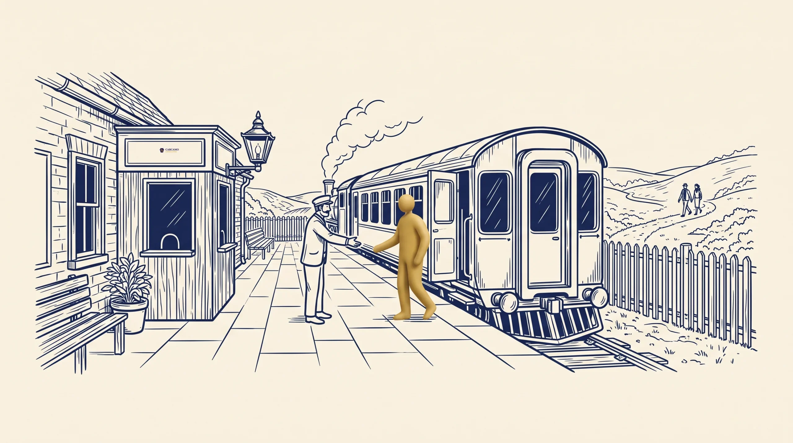 A train station scene shows two figures shaking hands on the platform beside a train. A ticket office is on the left. In the background, two other people walk near a fence and rolling hills.
