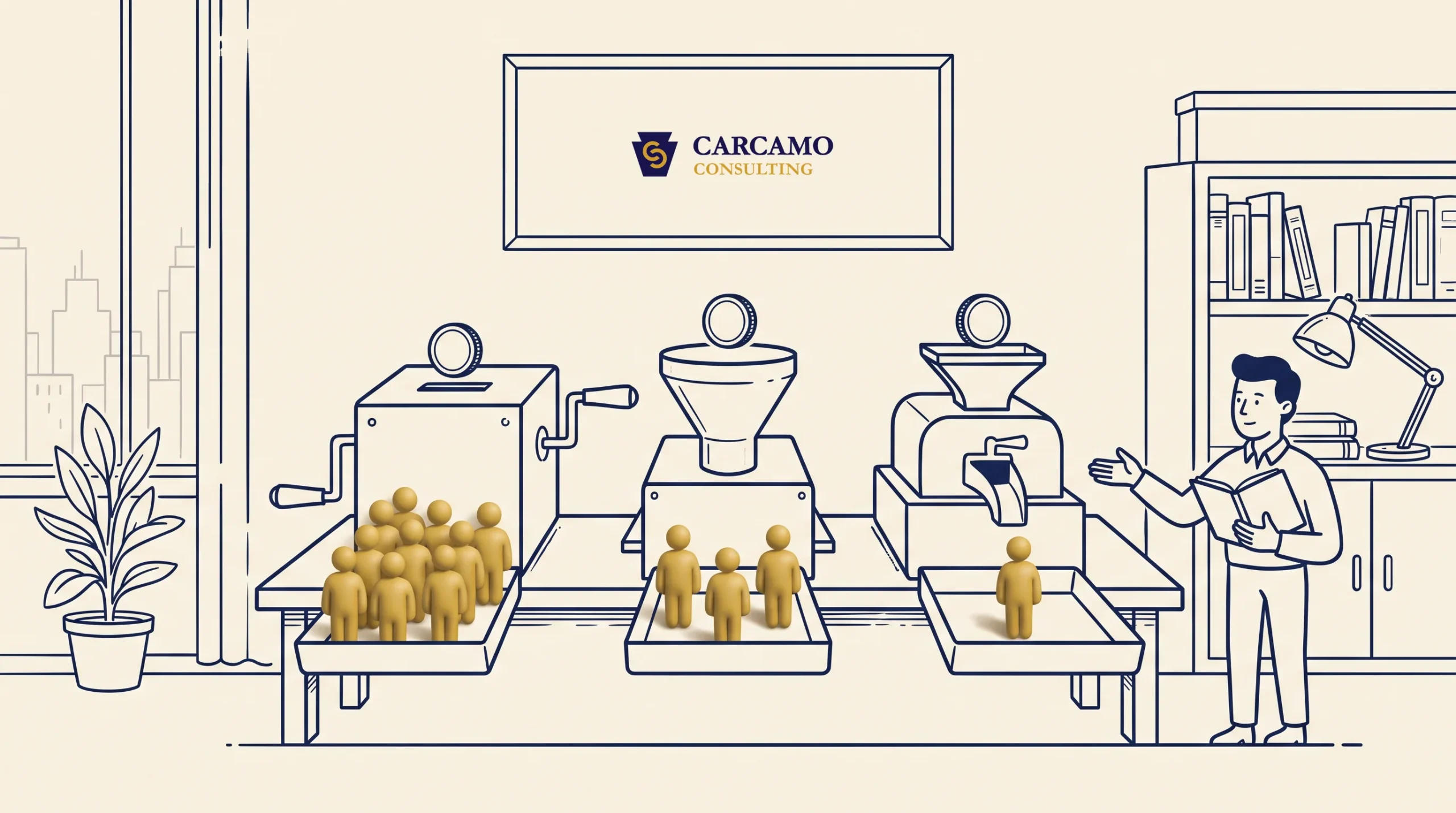 A cartoon shows golden human figures moving through three machines, starting with many figures and reducing to a few. A person on the right gestures toward the final figures. A sign above reads "Carcamo Consulting.