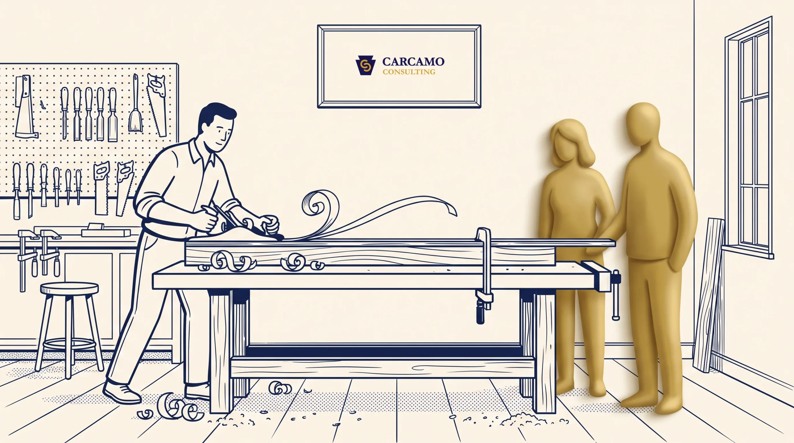 An illustrated man works with wood at a bench, shaving a decorative piece. Two simplified, gold-toned human figures stand nearby. Tools hang on the wall, and a "Carcamo Consulting" sign is framed above.
