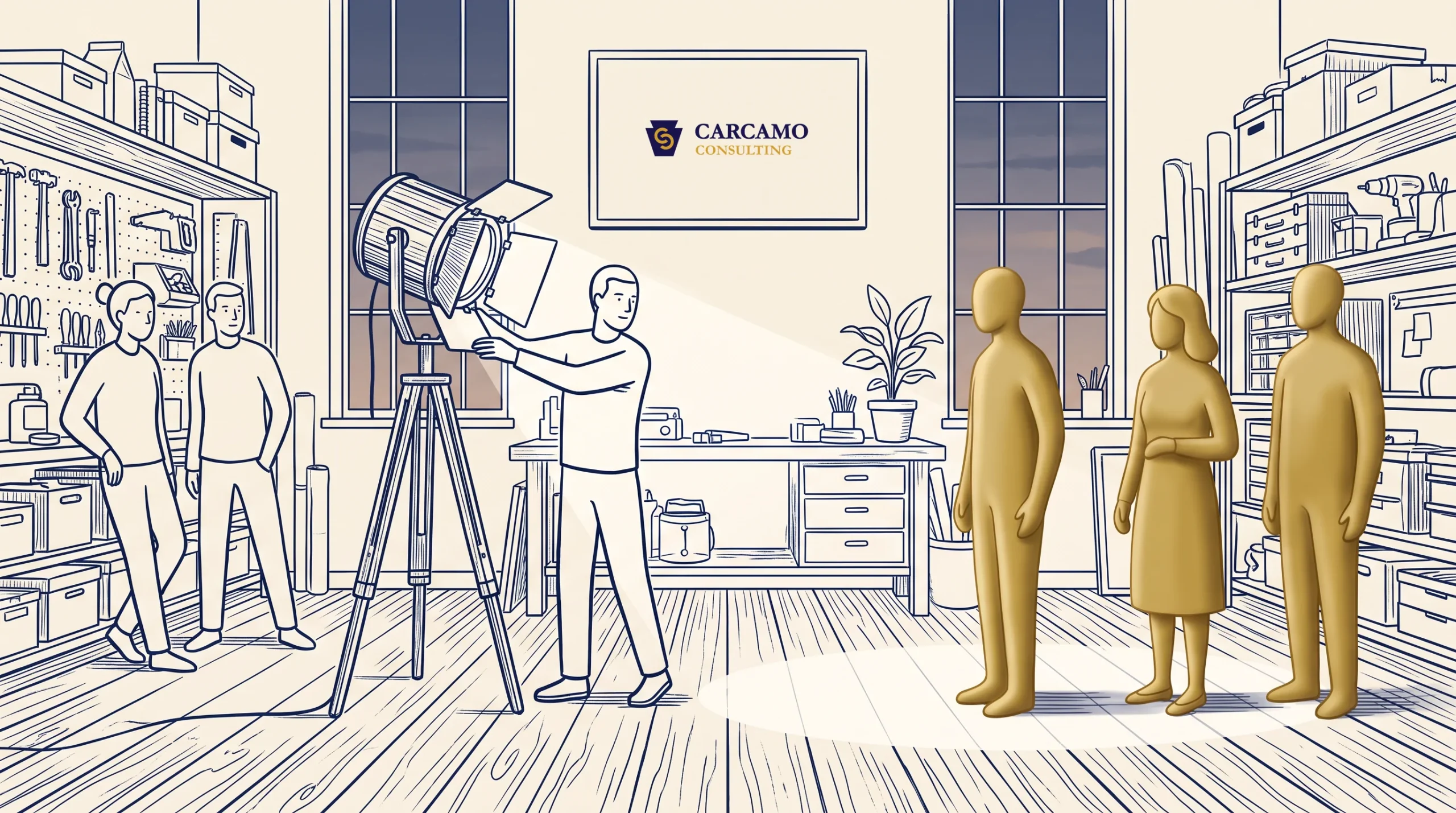 A person adjusts a studio light on a tripod, illuminating three gold-colored human figures. Two people stand near a workbench. Shelves, tools, and a “Carcamo Consulting” sign are visible in the organized room.