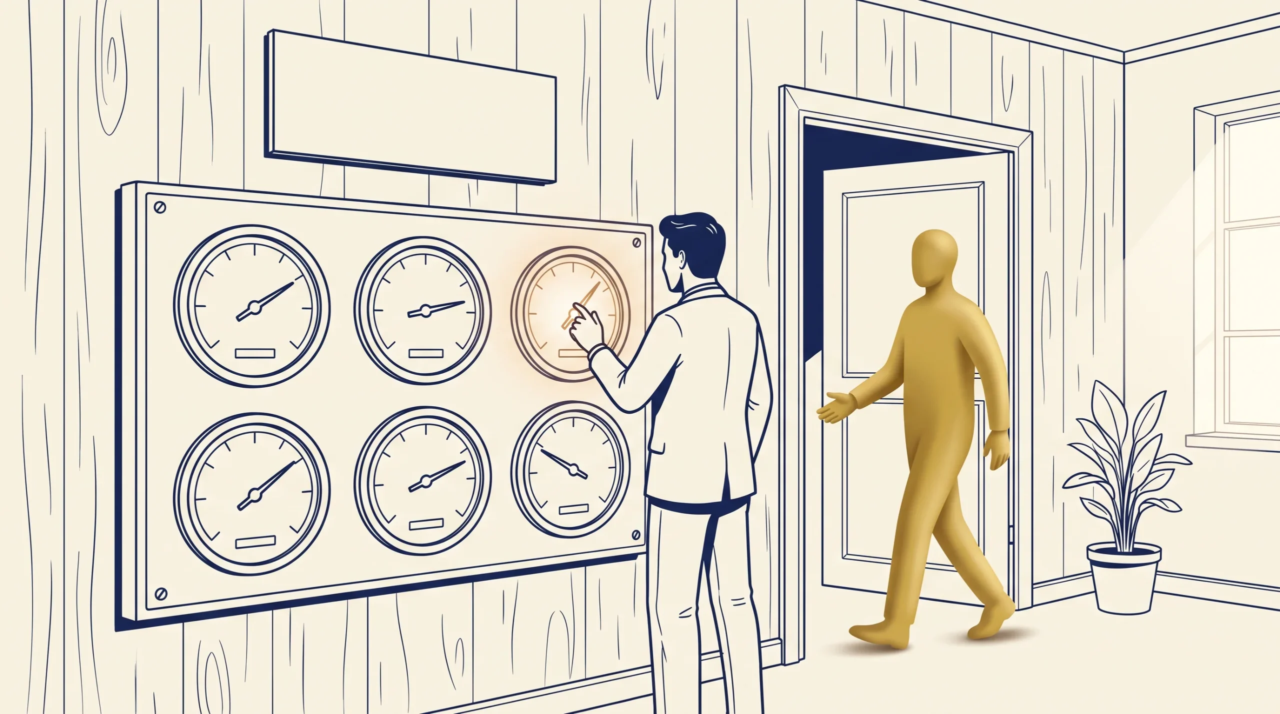 A person adjusts one of several dials on a wall while another person enters the room through an open door. The scene is illustrated in neutral tones with no text on the sign above the dials.