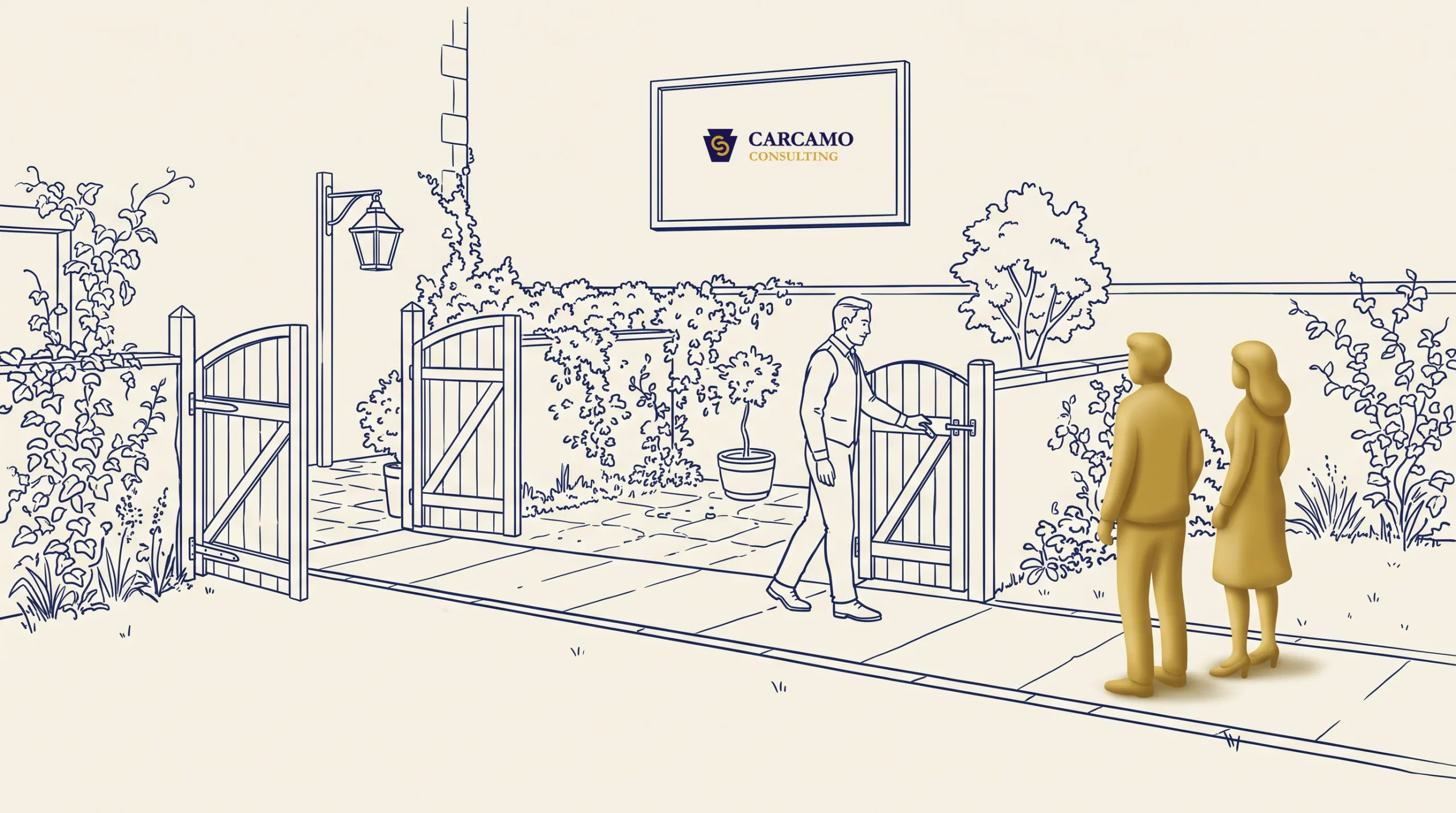 A line drawing shows a man opening a gate to greet two people outside. The gate leads to a yard with plants and a hanging lantern. A sign on the building reads “Carcamo Consulting.”.