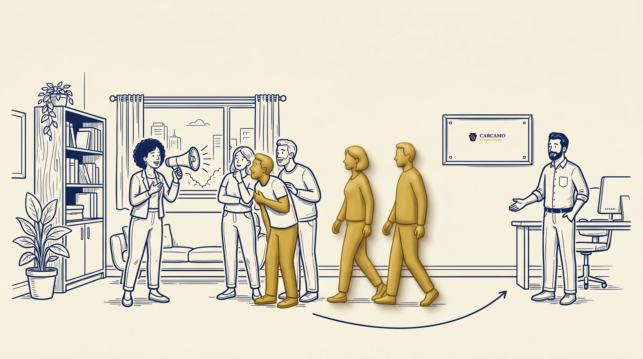 An illustration shows a group of people in a living room, with one person using a megaphone. Three people walk away from the group toward a man standing near a computer and a wall sign that reads “CURAMED.”.