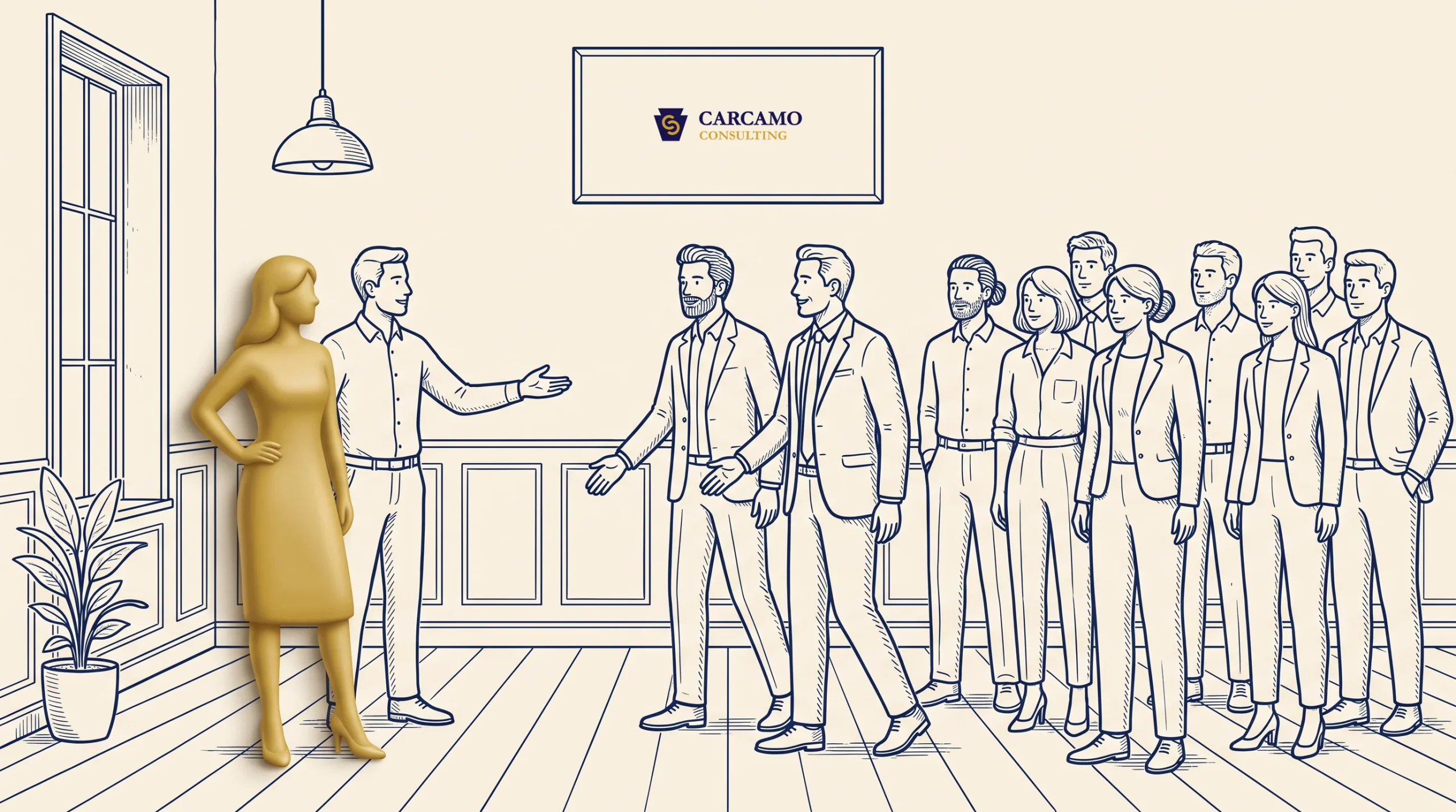 A group of professionally dressed people stands inside an office with a window and plant. One person gestures toward a woman in gold. A sign on the wall reads “CARCAMO CONSULTING.”.