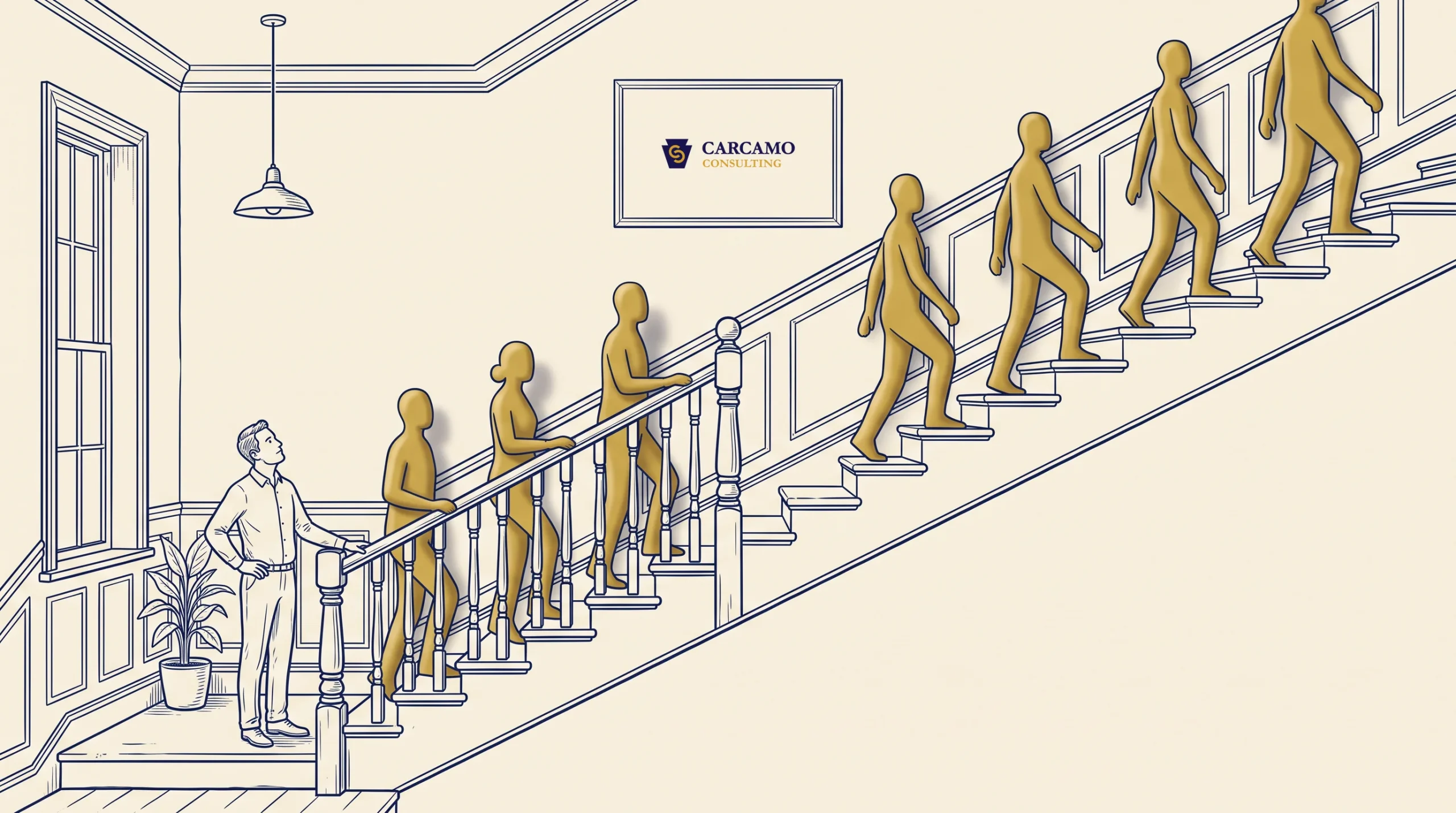 A man stands at the bottom of a staircase watching seven gold human figures ascend. There is a framed “CARCAMO CONSULTING” logo on the wall above the staircase. A large potted plant sits to the left.