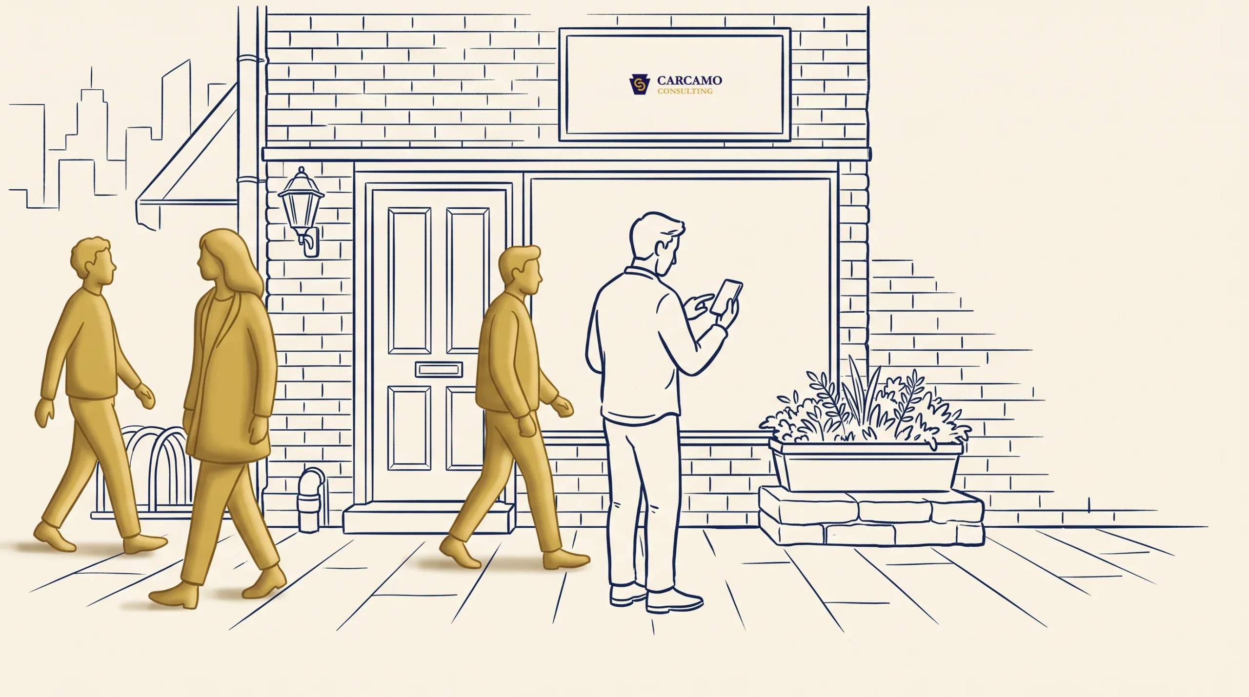 Three people walk past a brick building, while a fourth person stands outside looking at a phone. There is a sign above the door showing a logo and the word “CURCAMO.” A planter with plants is near the entrance.