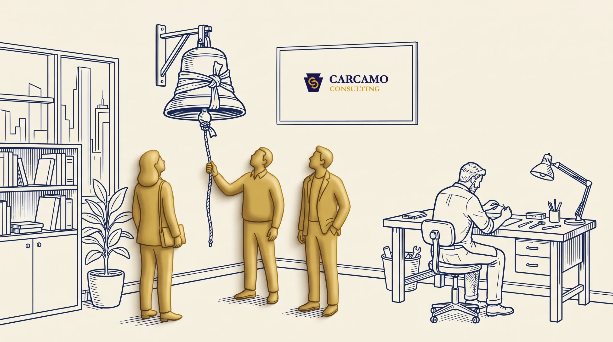 Three people stand near a large bell on a wall, one pulling its rope. Another person sits at a desk working. A sign on the wall reads “Carcamo Consulting.” The scene is illustrated in gold and blue tones.
