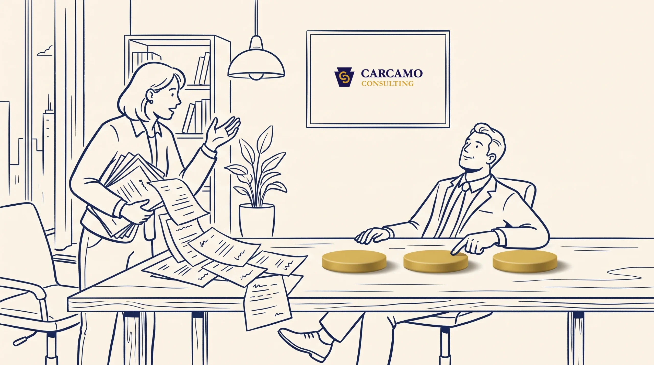Illustration of two people in an office. One stands holding papers, gesturing, while the other sits at a desk with gold coins in front of him. A plant and shelves are in the background. A sign reads “CÁRCAMO CONSULTING.”.