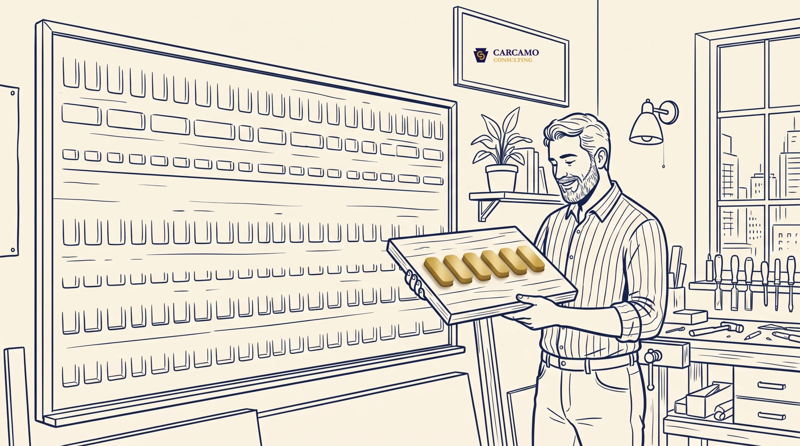 A man stands in an office holding a tray with five capsules. Behind him is a large shelving unit filled with boxes. A “CÁRCAMO CONSULTING” sign and a potted plant are visible in the background.