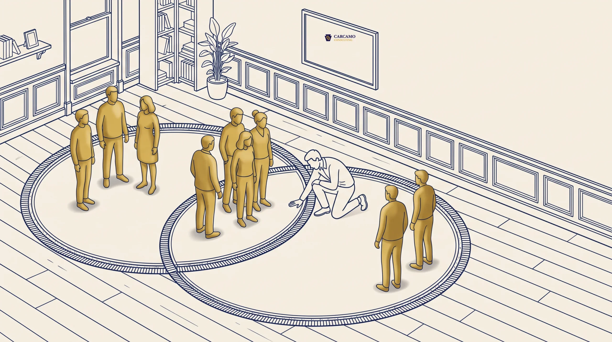 Illustration of people standing in two intersecting circles on a floor, forming a Venn diagram. One person kneels at the intersection, while others are grouped within or outside the circles in a room with shelves, a plant, and a wall display.