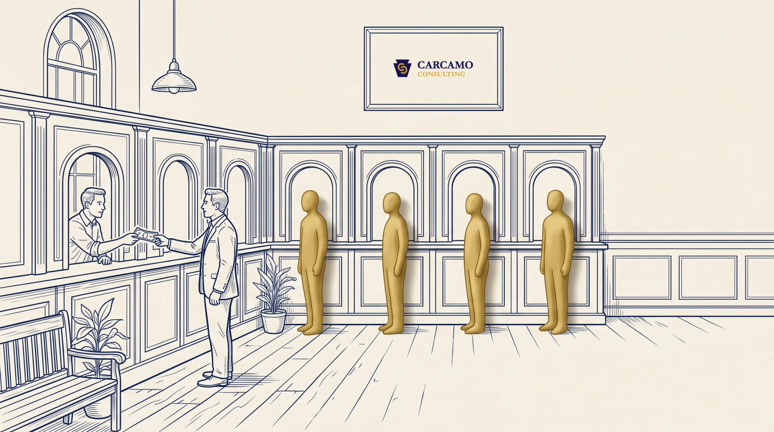 Four gold-colored figures stand in line at a bank counter, with one person shaking hands with a teller. The background features ornate paneling, a bench, a plant, and a sign reading “Carcamo Consulting.”.