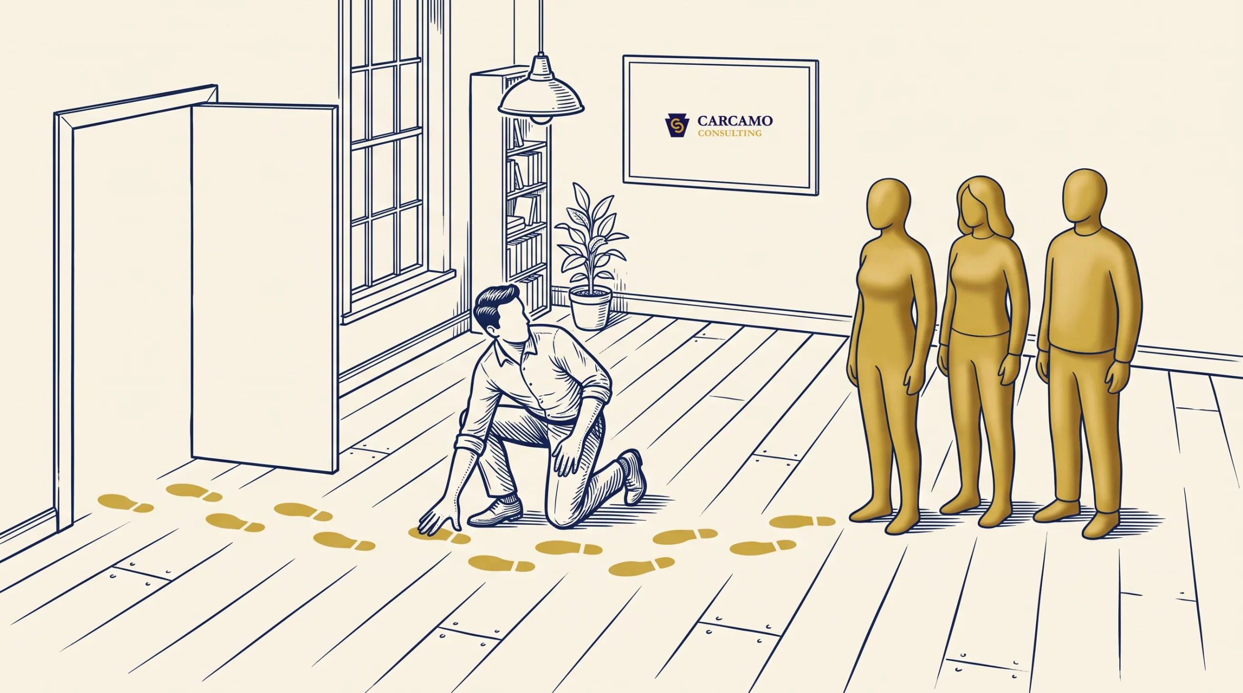 A person on one knee examines a trail of footprints on a wooden floor, leading from an open door to three standing figures. A plant, lamp, bookcase, and Carcamo Consulting sign are visible in the background.