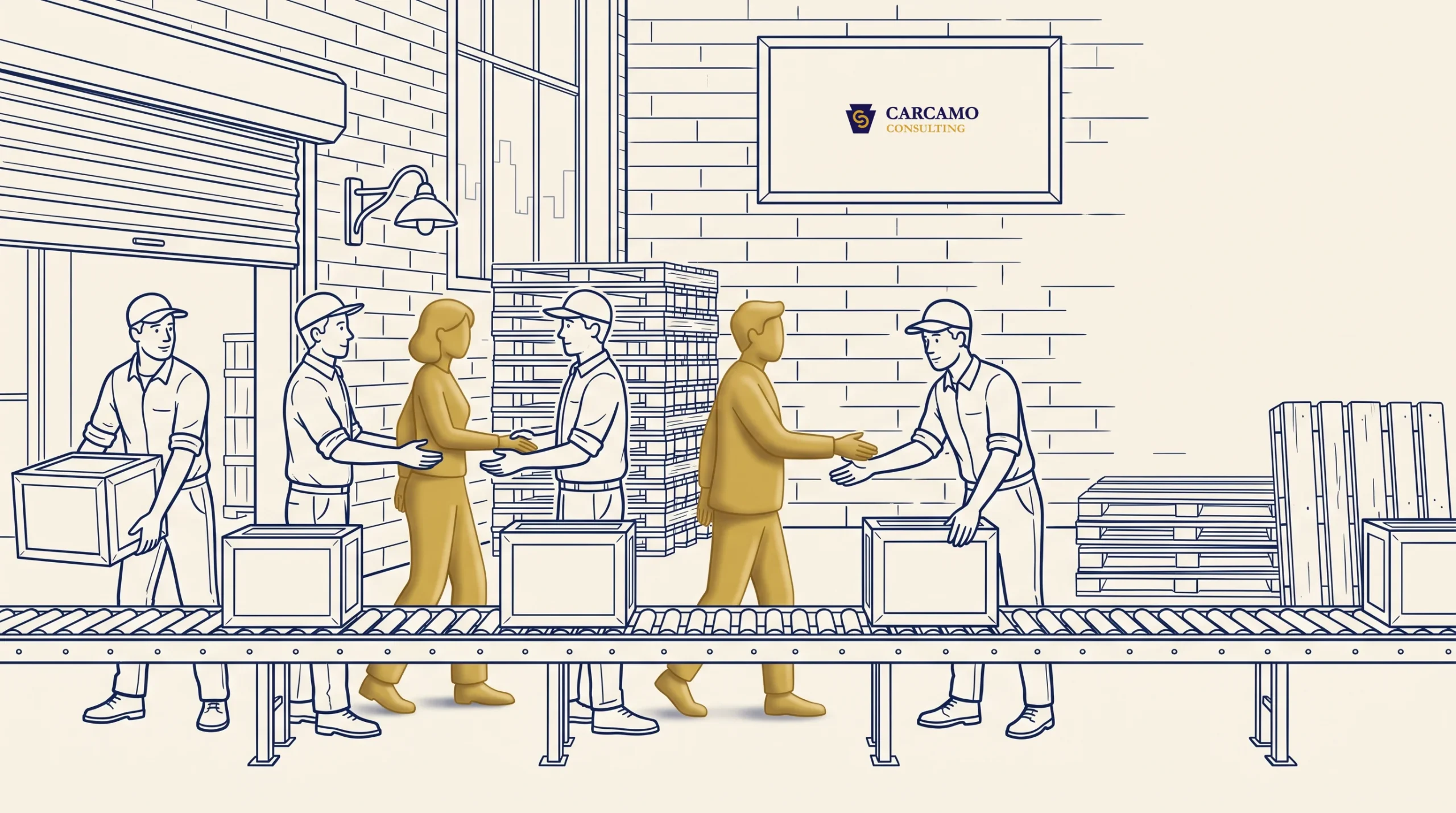 Six people stand by a conveyor belt in a warehouse, passing and handling boxes. There are stacks of boxes and a sign on the wall that reads “Carcamo Consulting.” The scene is illustrated in muted colors.