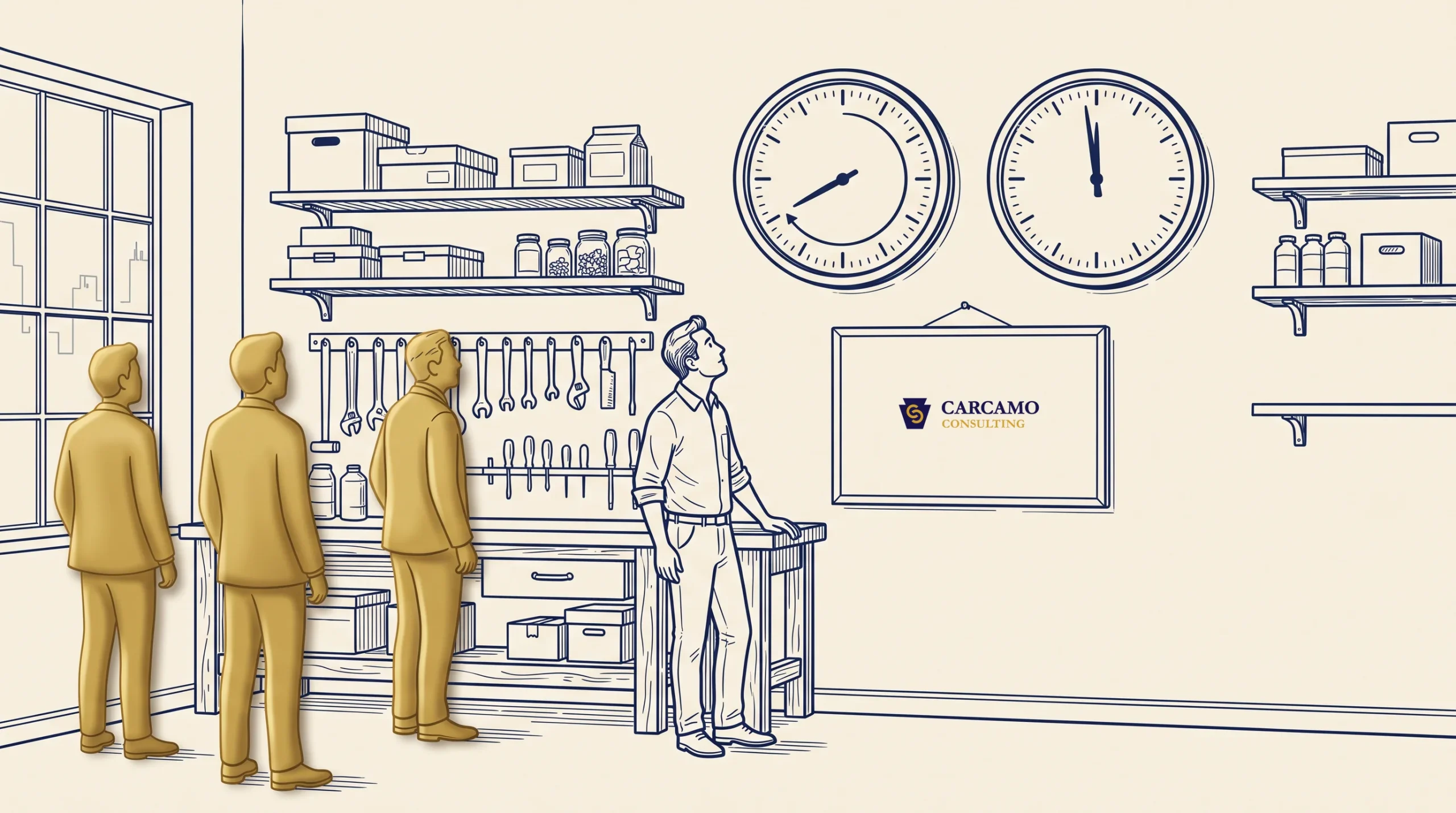 Four people stand in a workshop with tools on the wall and shelves holding boxes and jars. Two large clocks and a screen displaying “Carcamo Consulting” hang above the workbench.