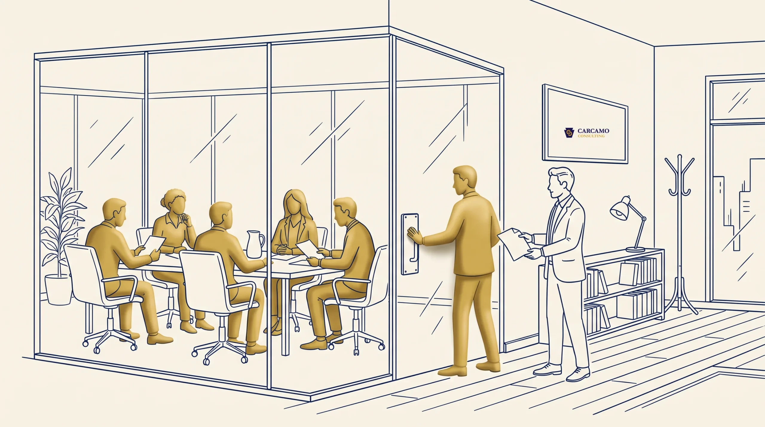 Six people sit around a table in a glass-walled meeting room, while one person enters using a keycard and another stands outside with a clipboard. A wall-mounted screen displays the Carcano logo.