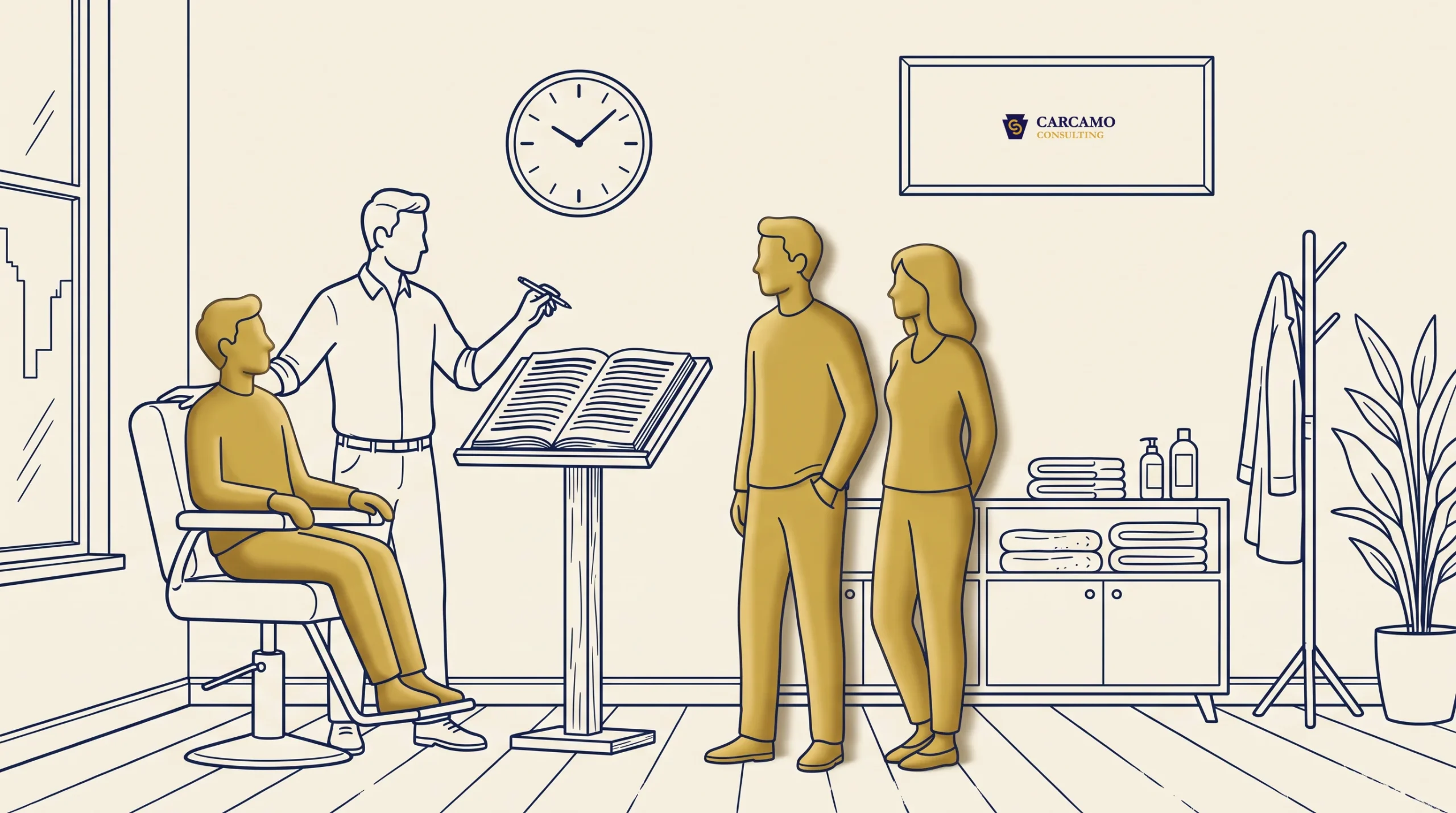 An illustrated scene shows a person in a barber chair, another person gesturing toward an open book on a stand, and two people standing nearby. A clock, framed sign, towels, and plants are visible in the room.