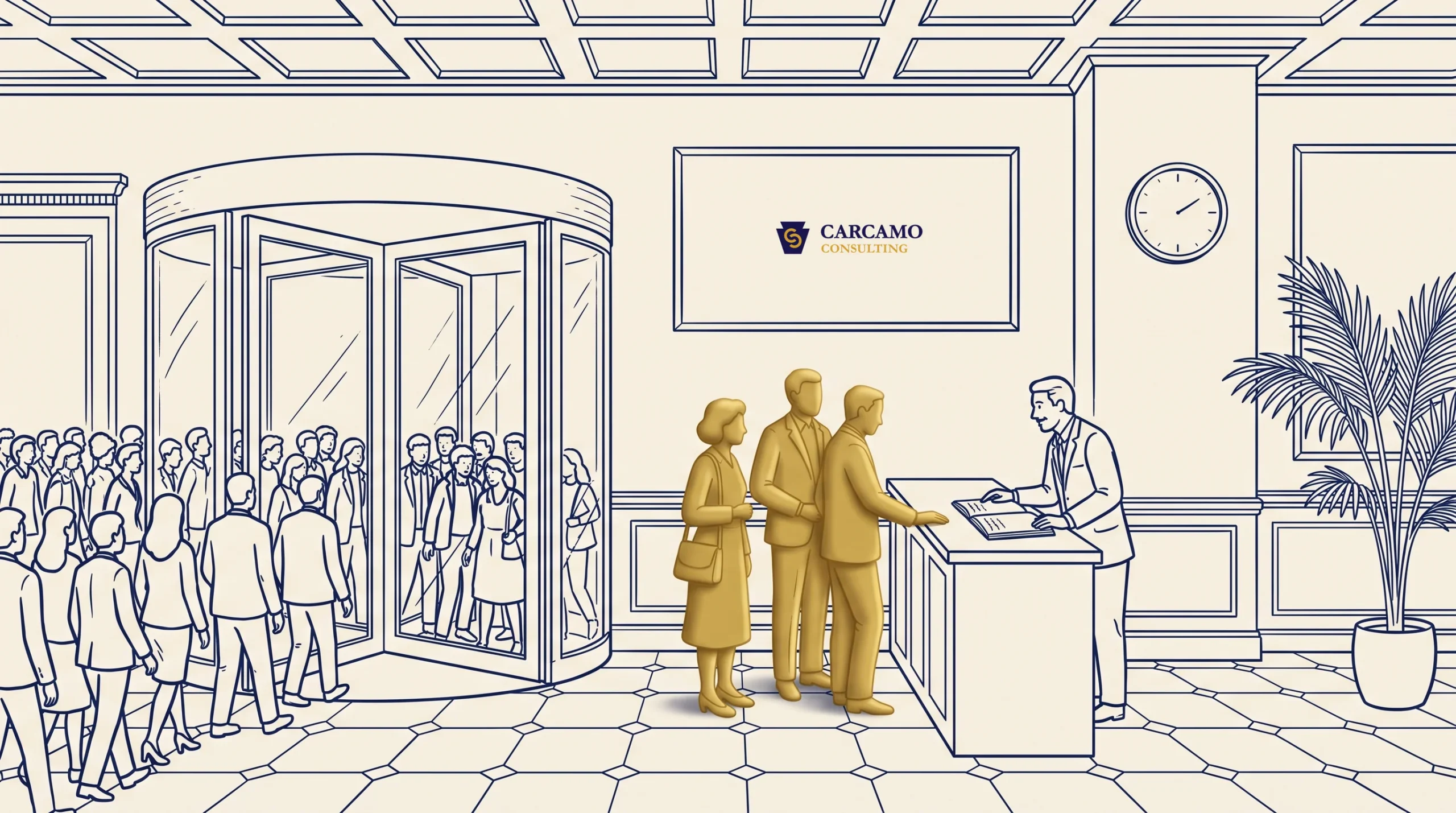 Three people stand at a reception desk while more people enter through a revolving door. A receptionist is seated at the desk, and a wall sign reads “Carcamo Consulting.” A clock and plant are also visible.