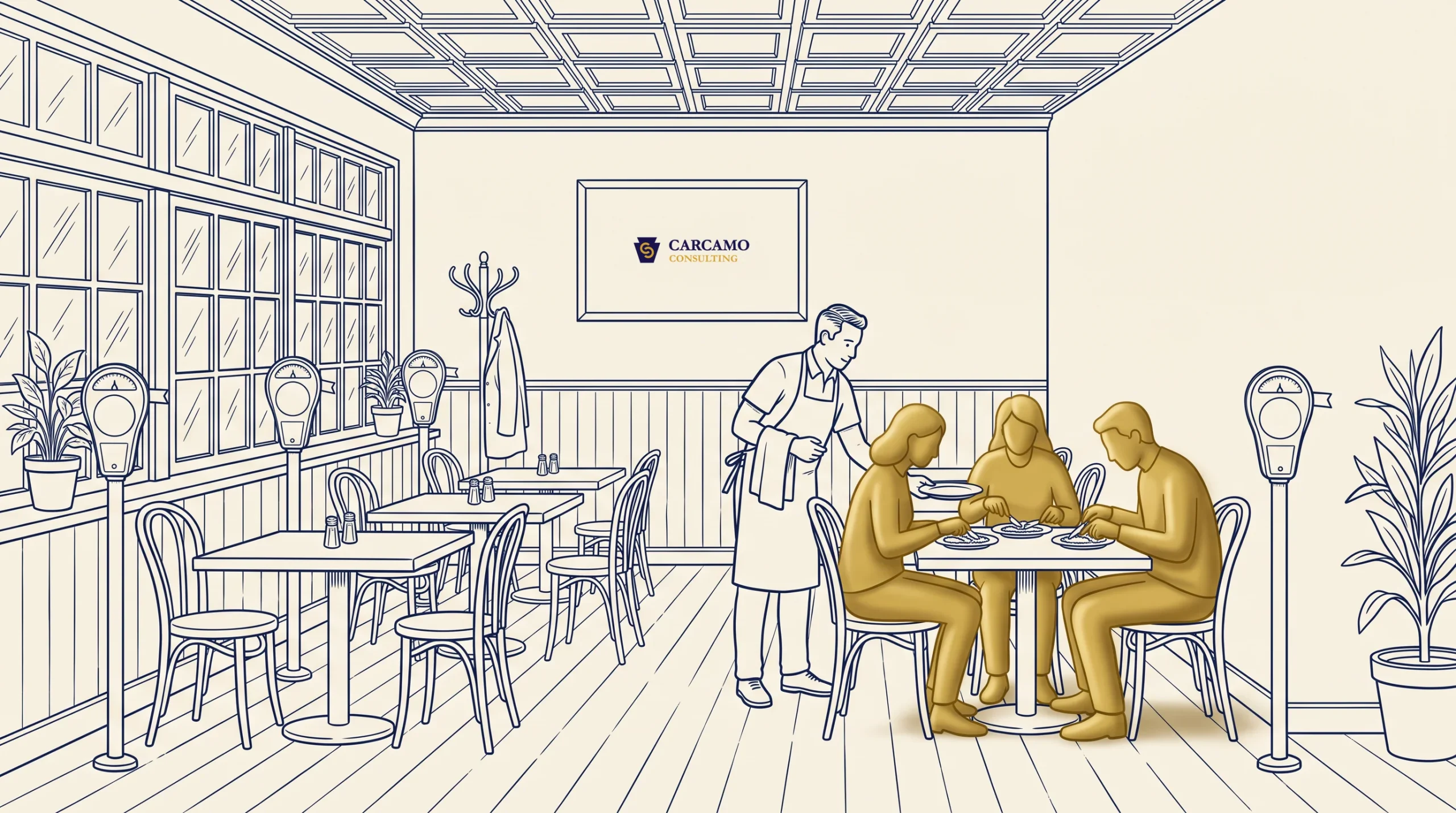 A waiter stands near a table serving three golden-colored people seated and eating in a mostly empty, line-drawn restaurant with several empty tables, wall decor, and large windows.