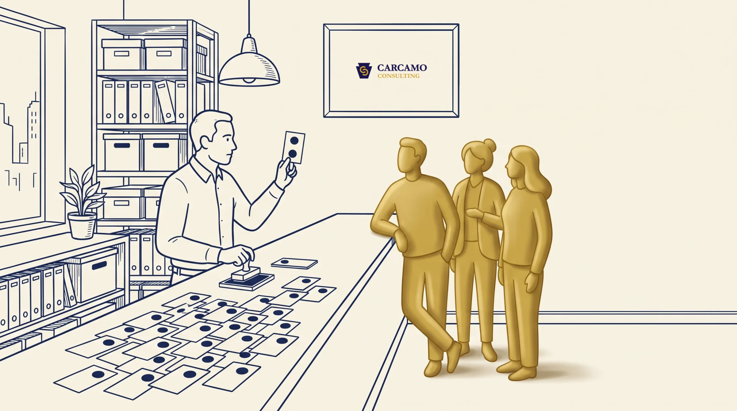 An illustrated man behind a desk holds a card up to three standing people. Many cards are spread out on the desk. Office shelves, a lamp, and a framed Carcamo Consulting sign are visible in the background.