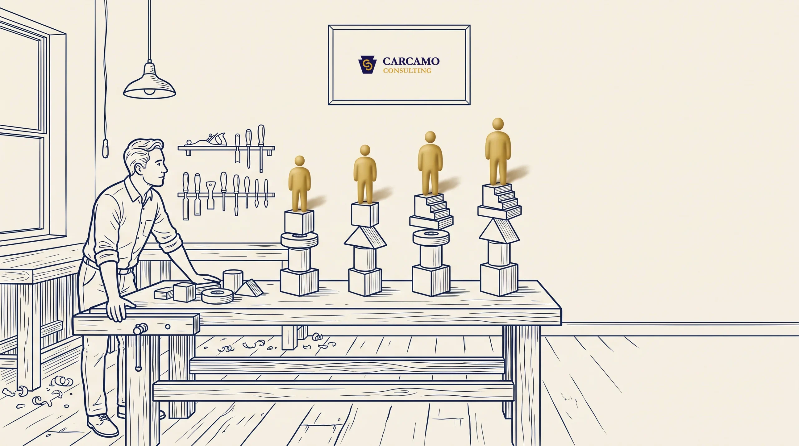 A person in a workshop carves wooden figures placed atop stacks of geometric blocks. Tools hang on the wall, and a framed “Carcamo Consulting” logo is displayed above the workbench.