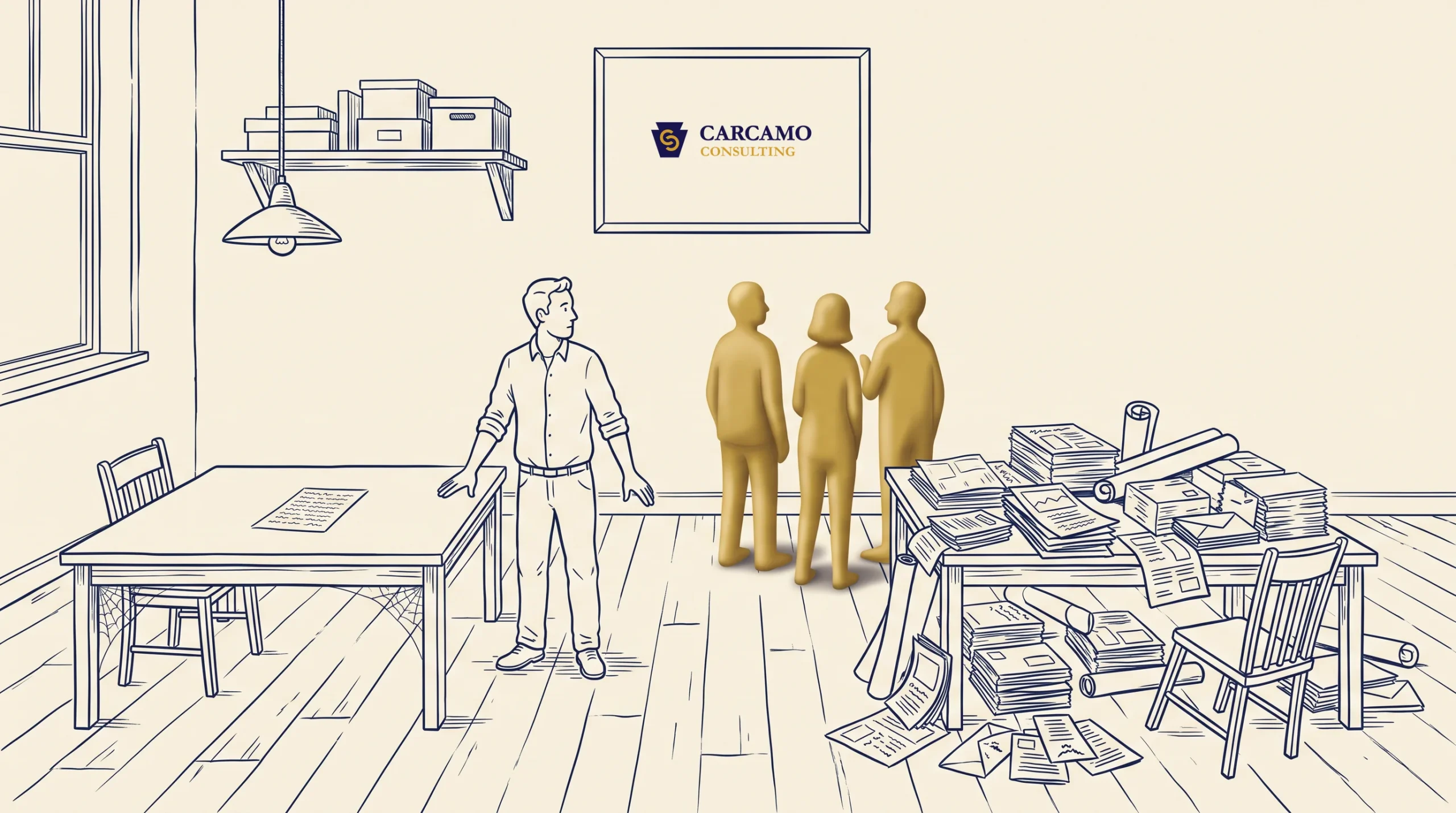Illustration of an office with papers and files scattered on a desk. One person stands near a table, looking at three gold-colored figures grouped together in front of a framed “Carcamo Consulting” logo on the wall.