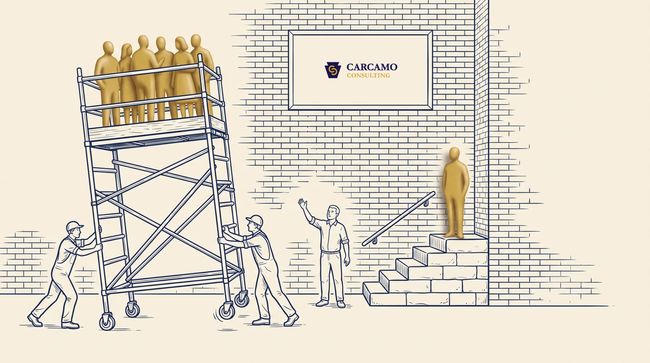 Two workers move scaffolding with several gold human figures standing on it. Another gold figure is on stairs near a Carcamo Consulting sign, while a person below waves toward the figure on the stairs.