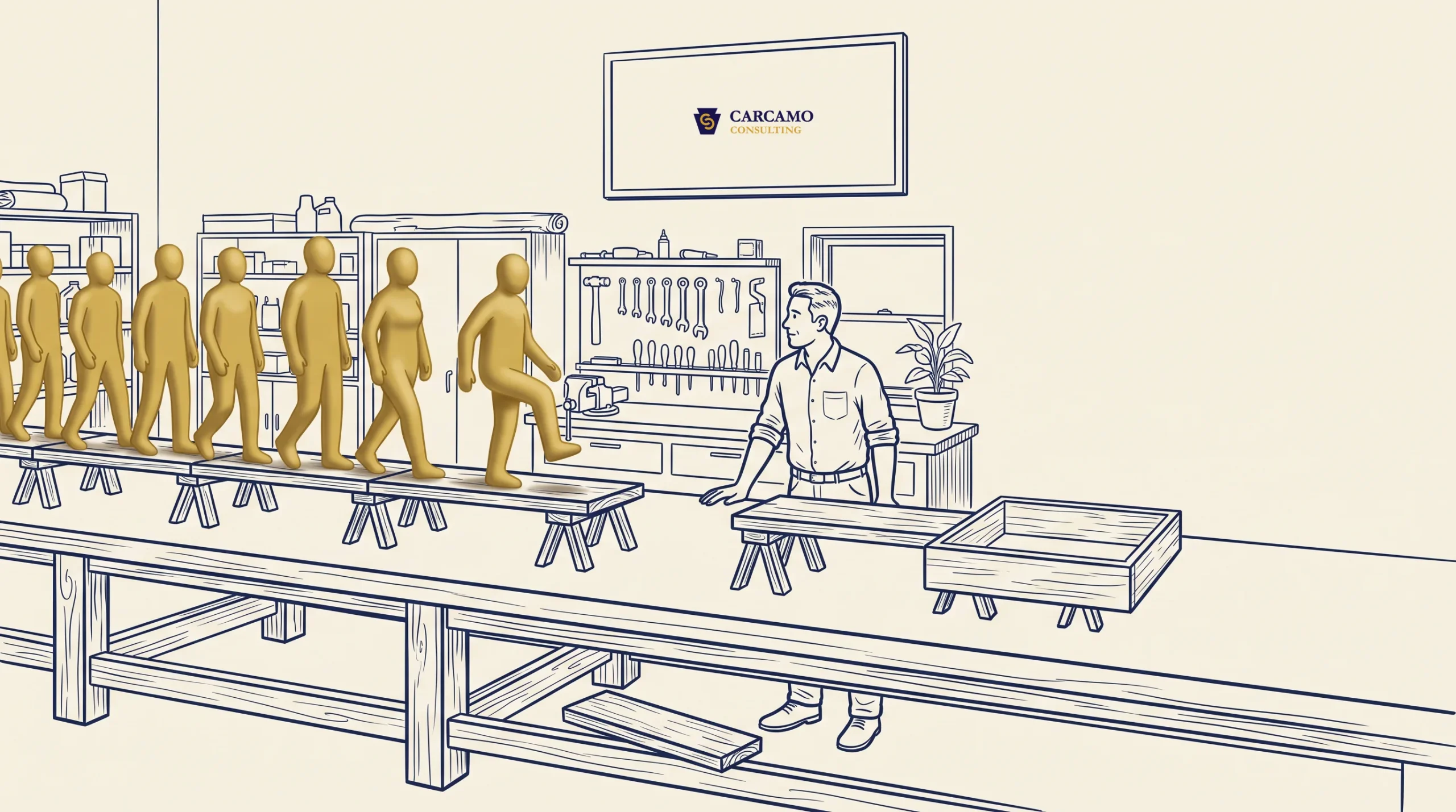 A person stands behind a workbench as four gold, mannequin-like figures walk single file on another bench. Tools and a plant are in the background, and a sign reads “Carcamo Consulting.”.